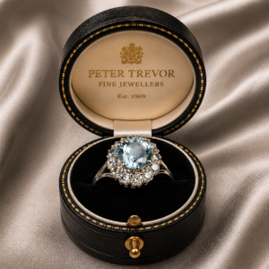 Aquamarine, diamond halo ring