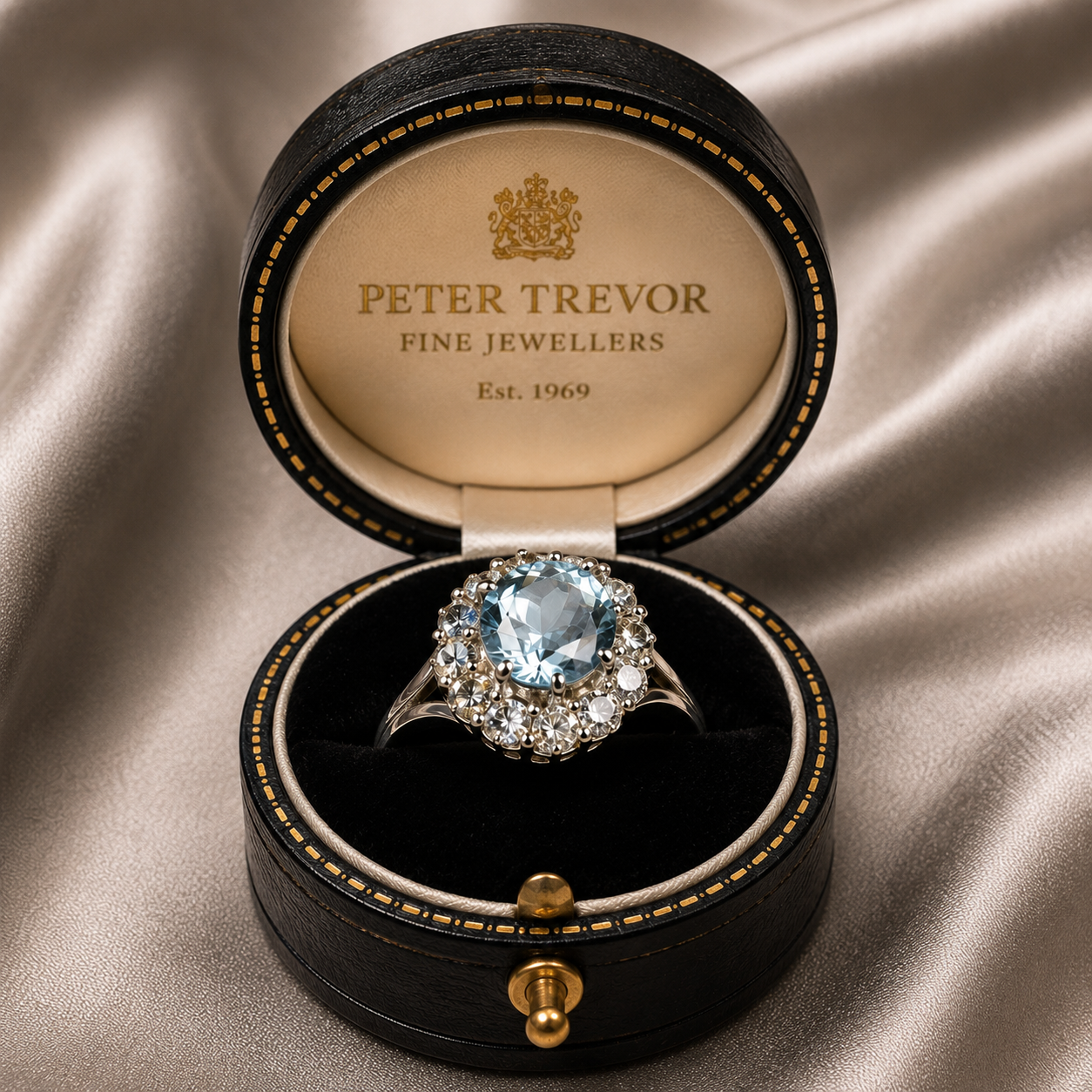 Aquamarine, diamond halo ring