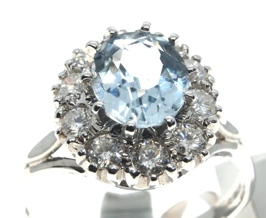 Aquamarine, diamond halo ring