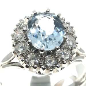 Aquamarine, diamond halo ring