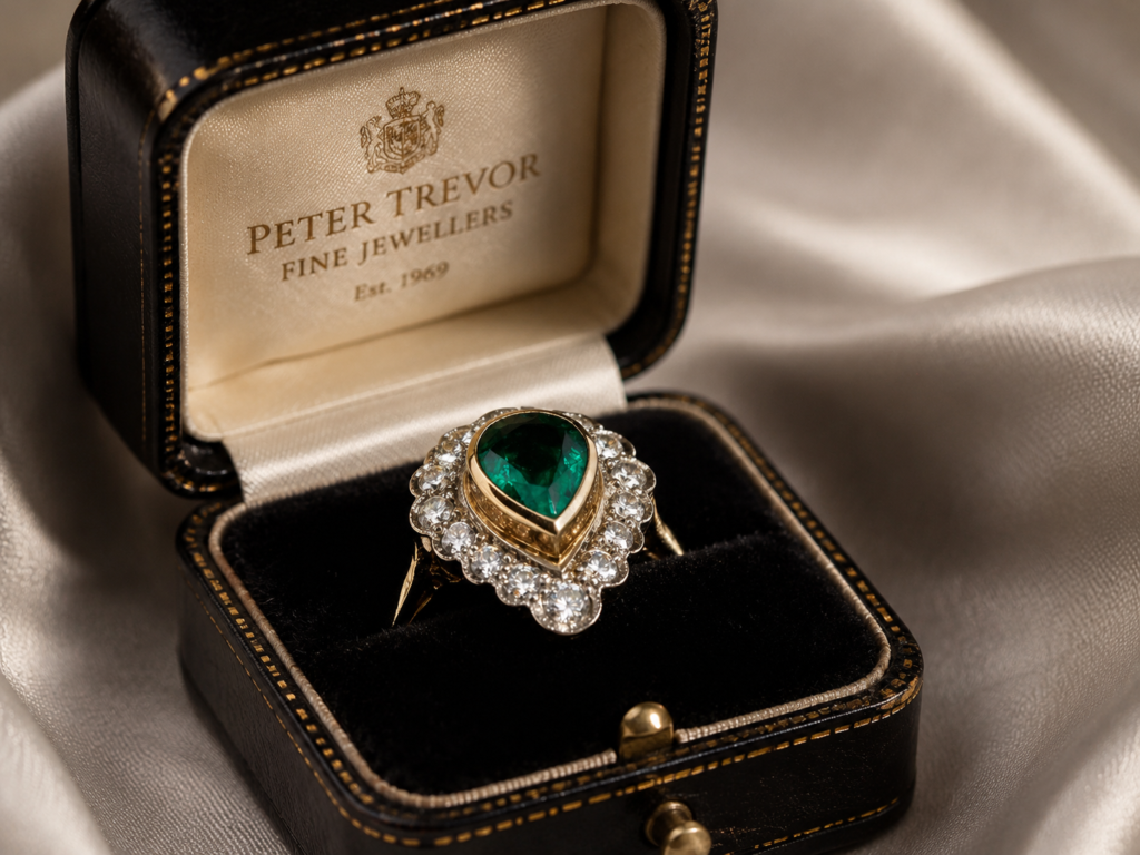 Pear Shaped Emerald with diamond halo ring